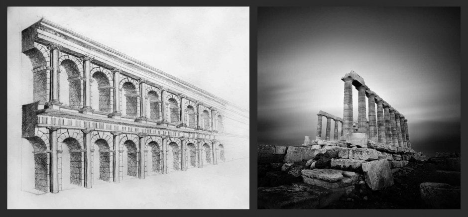 Roman Aqueduct - Drawing (50x70cm) by Julia Anna Gospodarou & A time to Look Back- Photograph by Julia Anna Gospodarou