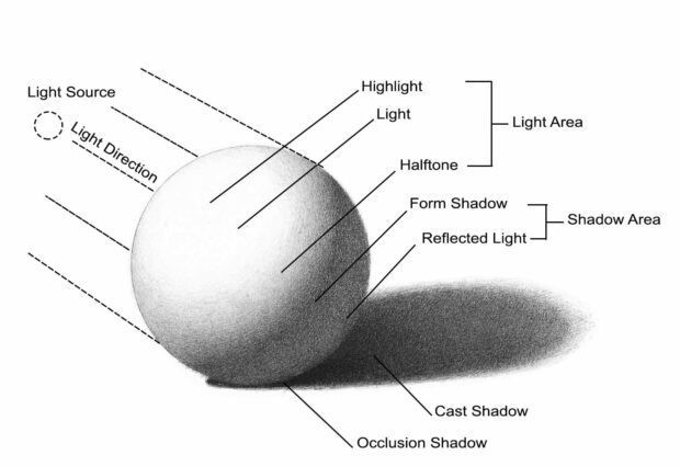 Types of light and shadow on a rendered volume