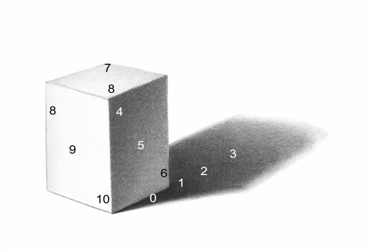 Disposition of light values (gray tones) on rendered basic volumes: sphere and parallelepiped