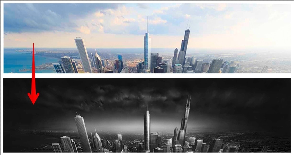 Urban Saga III - Creating the signature look of this image - The horizon highlight in the sky - Before/After