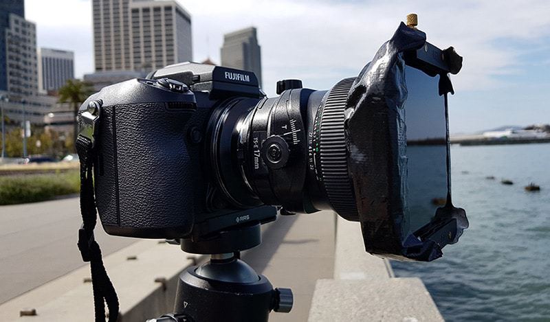Fujifilm GFX 50S - Long exposure setup with 17mm TS-E Canon tilt-shift lens and Formatt-Hitech Firecrest 16-stop square ND filter on holder